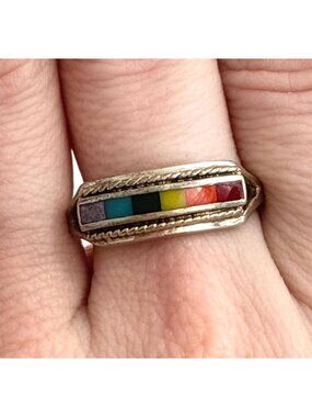 Rainbow Enamel Inlaid Southwest Sterling Silver 925 Vintage Ring - sz 9